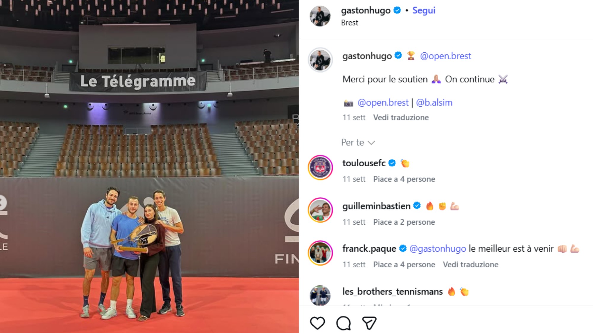 Il post in cui Gaston celebra la vittoria al Challenger di Brest insieme alla ragazza e al nuovo staff (Instagram @gastonhugo)