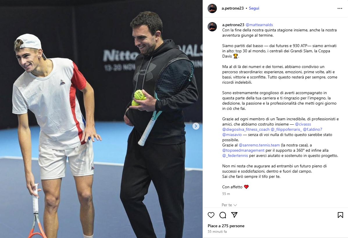 Il post di Alessandro Petrone sulla separazione con Matteo Arnaldi (Foto Instagram)