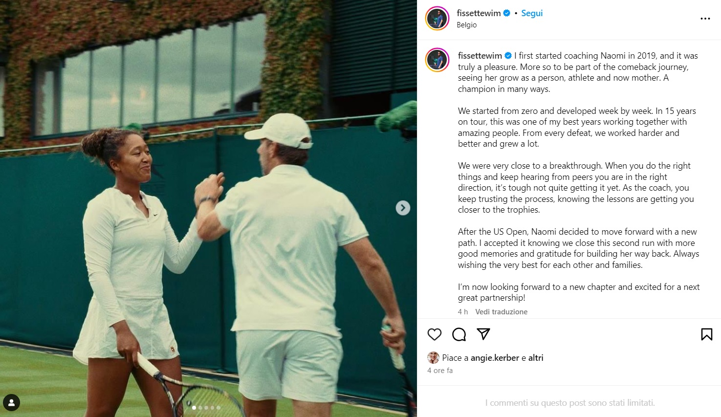Il messaggio Instagram con cui Wim Fissette commenta la fine della collaborazione con Naomi Osaka