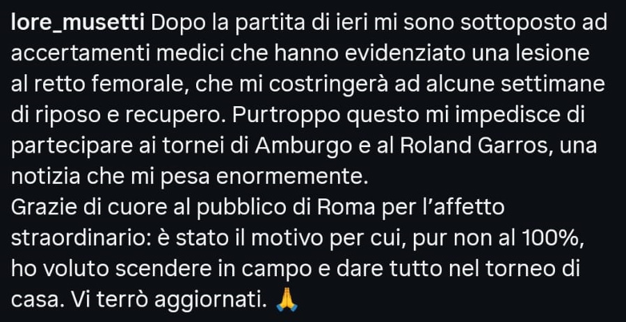 Musetti salta Amburgo e Roland Garros: "Una notizia che mi pesa enormemente"