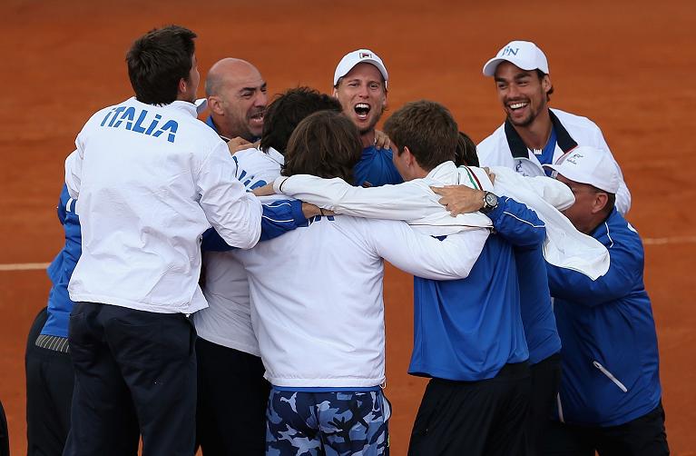 La squadra italiana di Coppa Davis festeggia il successo sulla Gran Bretagna a Napoli nel 2014