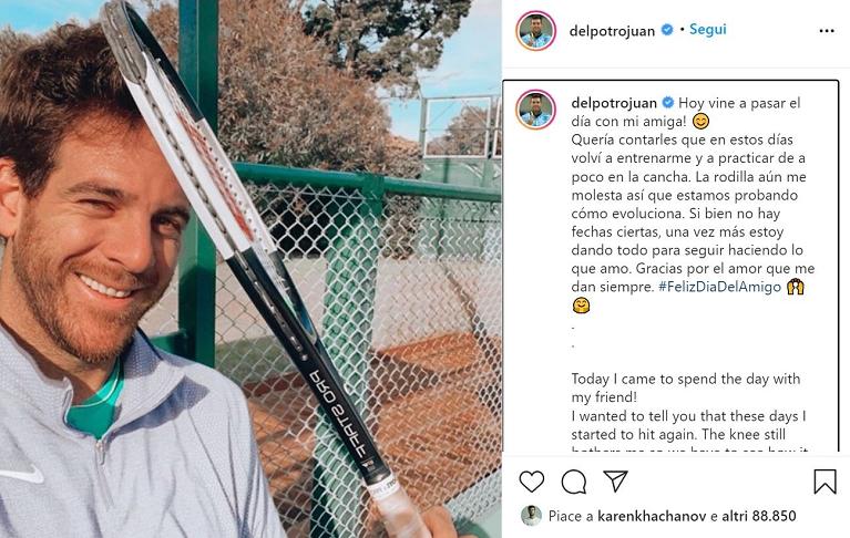 Juan Martin Del Potro rimette i piedi in campo e lo racconta su Instagram