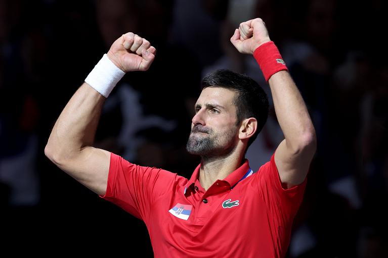 L'esultanza di Novak Djokovic alle Davis Cup Finals (Sposito/FITP)