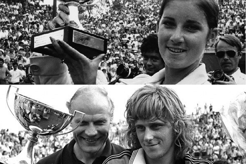 Chris Evert e Bjorn Borg (con coach Lennart Bergelin) al Roland Garros 1974