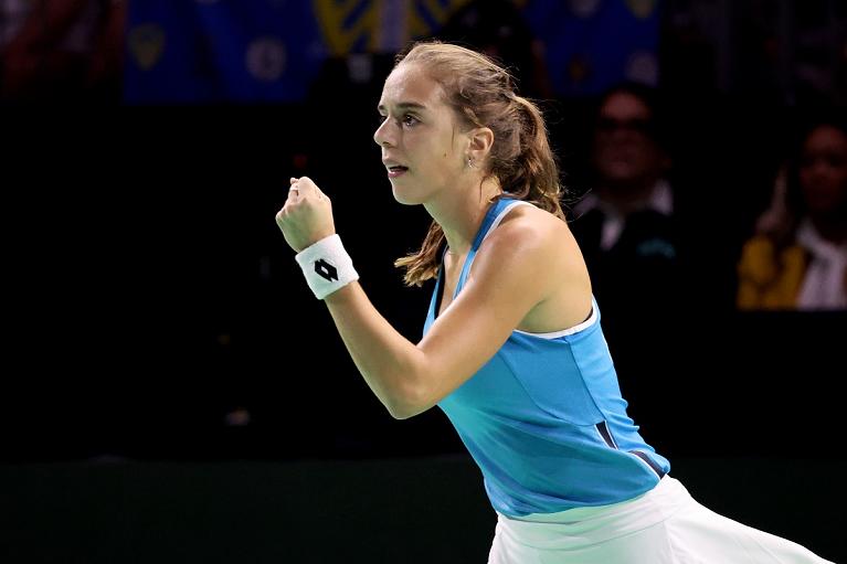 Un'esultanza di Lucia Bronzetti alle Billie Jean King Cup Finals (foto Sposito/FITP)