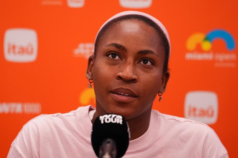 Coco Gauff in conferenza stampa a Miami (foto Getty Images)