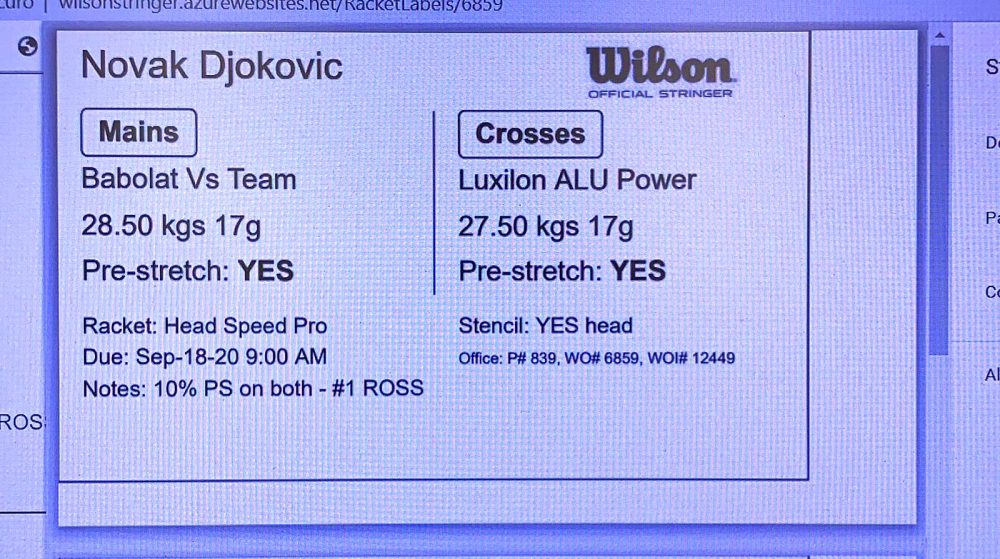 La scheda della racchetta di Djokovic per l'incordatura 