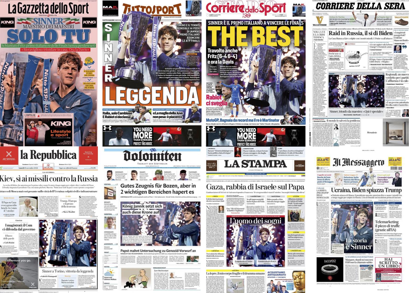 Sinner, le prime pagine dei giornali italiani