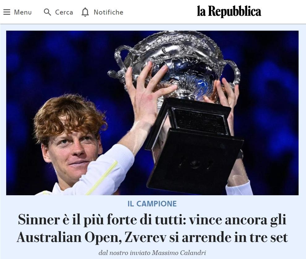 Le homepage dei principali quotidiani italiani celebrano il trionfo di Sinner in Australia