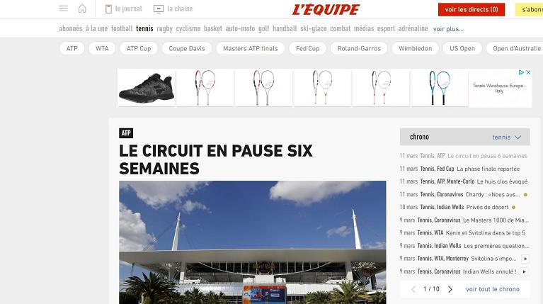 La notizia della sospensione del circuito sul sito del quotidiano sportivo francese Equipe
