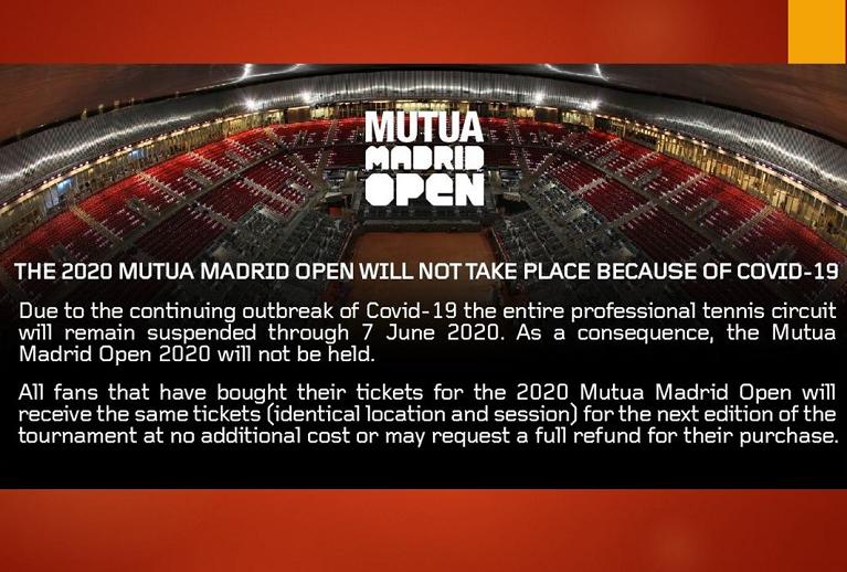L'annuncio su twitter della cancellazione del torneo Atp Masters 1000 Mutua Madrilena di Madrid