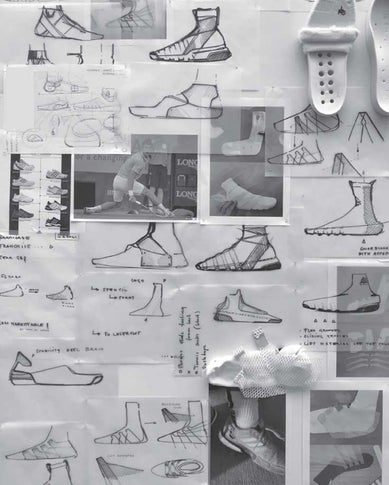 Vari disegni in fase di progettazione della scarpa senza stringhe griffata Adidas